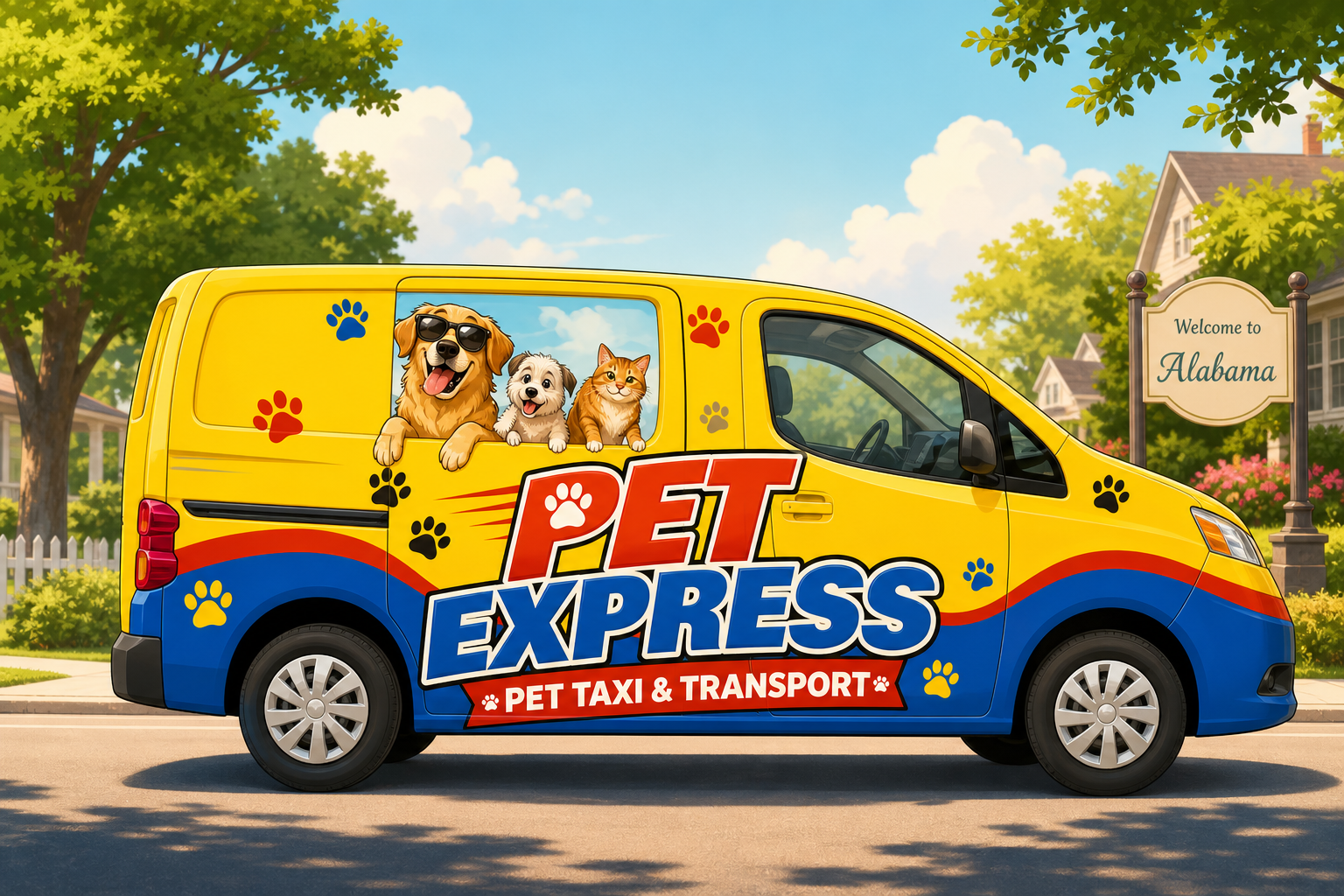 Cartoon illustration of the colorful Pet Express pet transportation van in Alabama